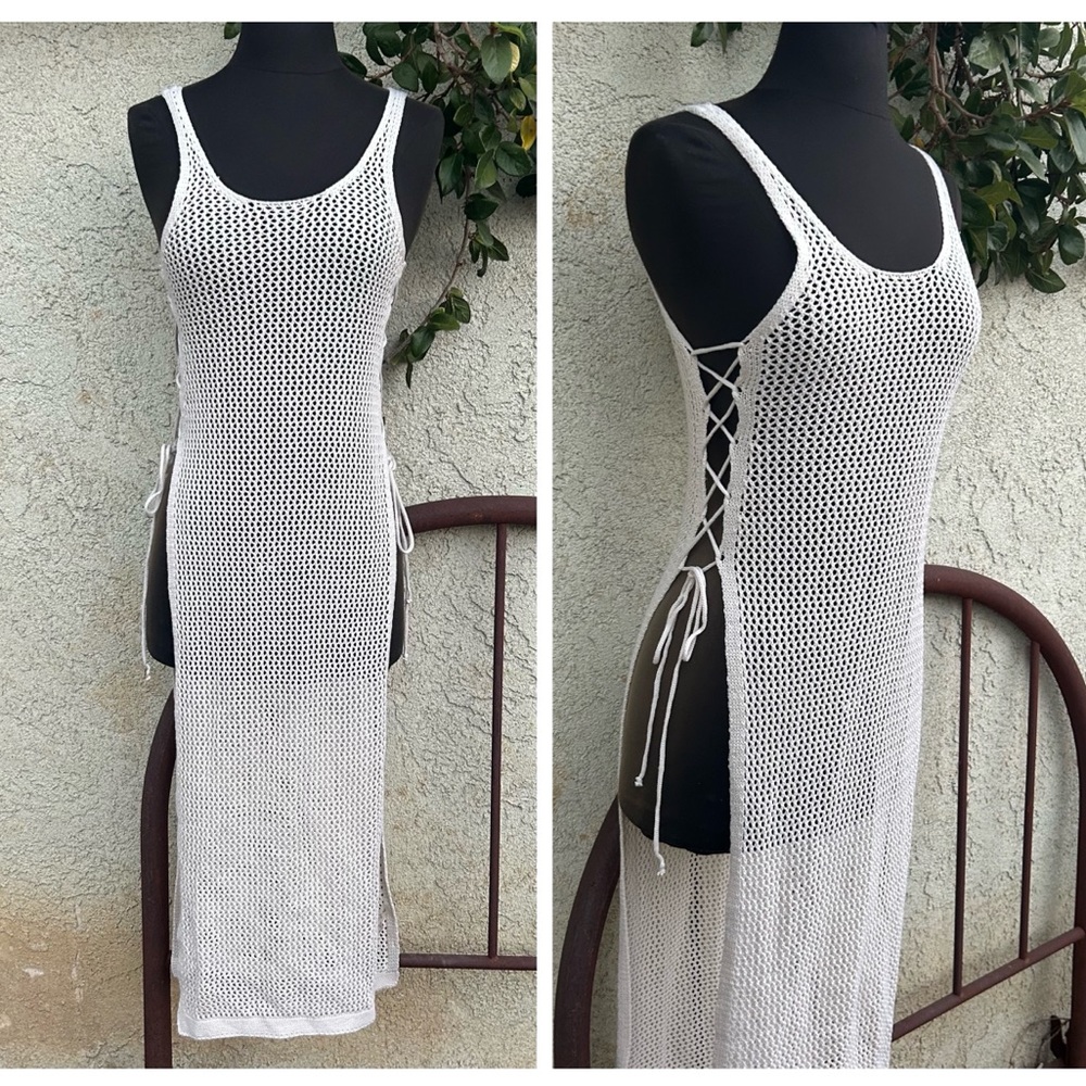 Sheer Knit Coverup Midi Maxi Dress, Open Lace Up Sides, Beach Vacation